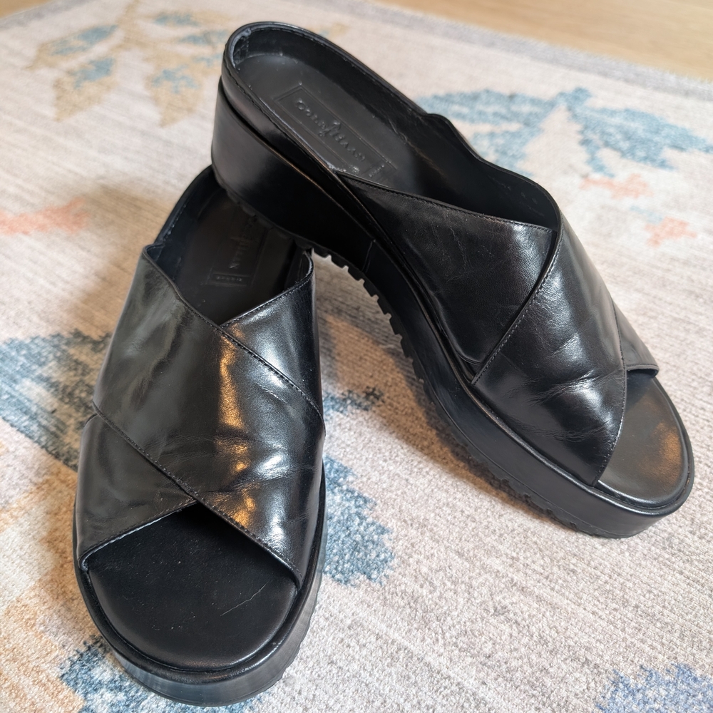 Cole Haan Black Leather platform Mule Sandals with Crisscross Design Women's 9